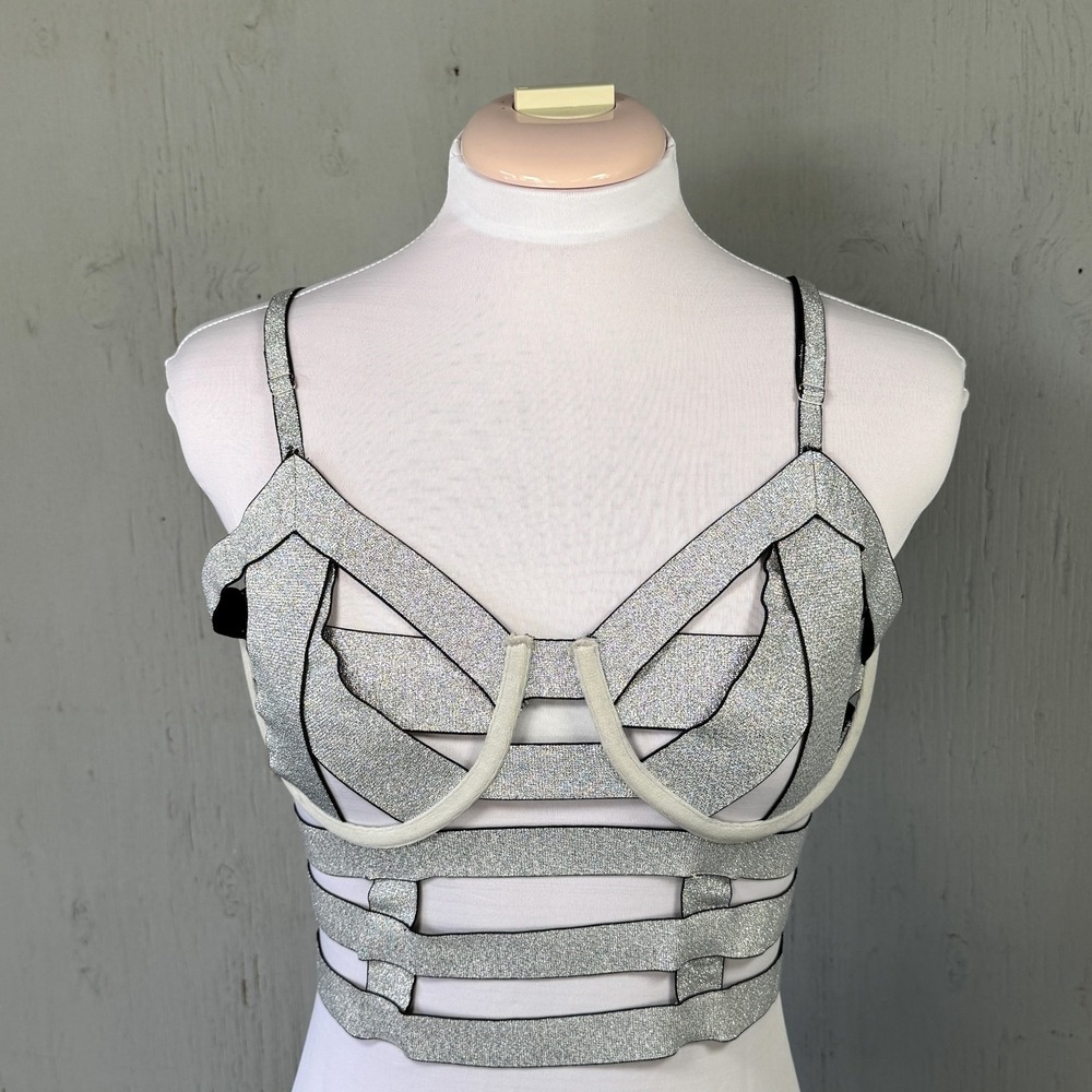 Silver Strappy Cage Bralette Top, Large, Underwire Sparkly Harness Stretchy NEW